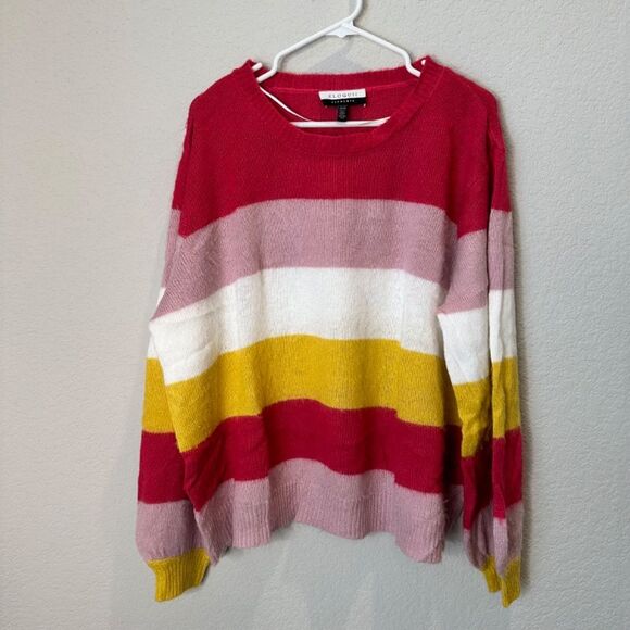 Eloquii Bold Stripe Pink Yellow White Crew Neck Balloon Sleeve Sweater 22/24 EUC - Picture 3 of 7
